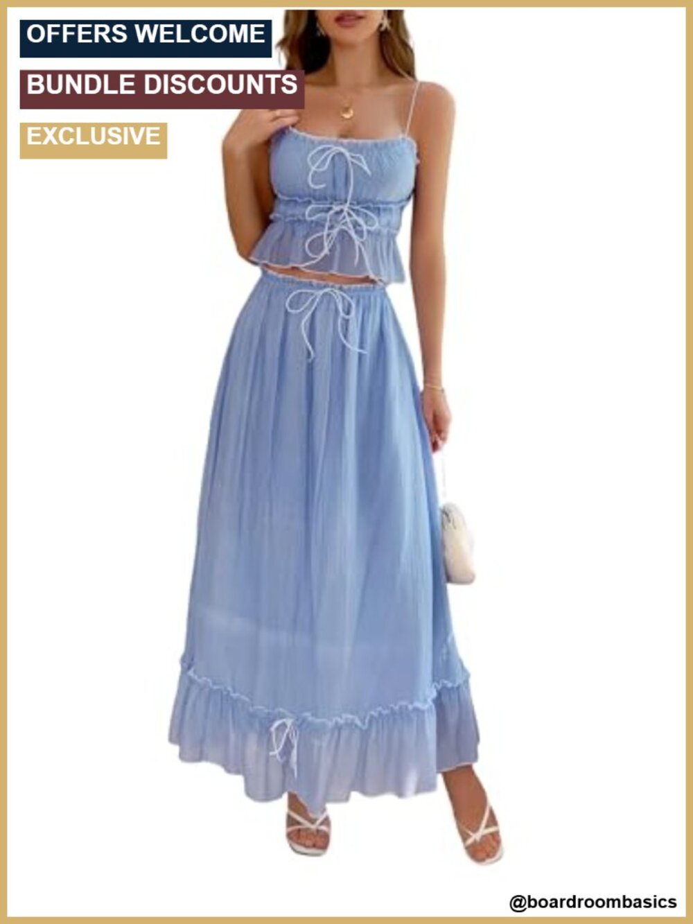 Women's 2 Piece Maxi Skirt Set Crop Top Bow Tie Flowy Ruffle Tiered Vacation